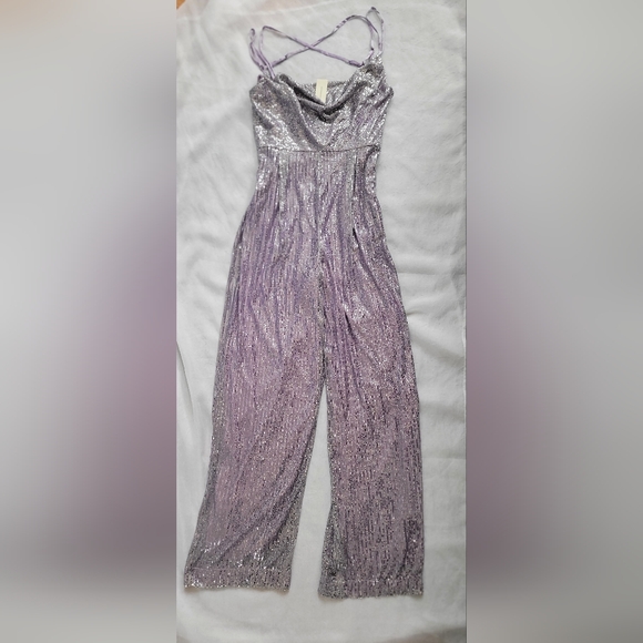 NWT!Anthro Sequin Cowl Neck Wide Leg Women's Chic Ranna Gill Purple Jumpsuit XS - Picture 10 of 17